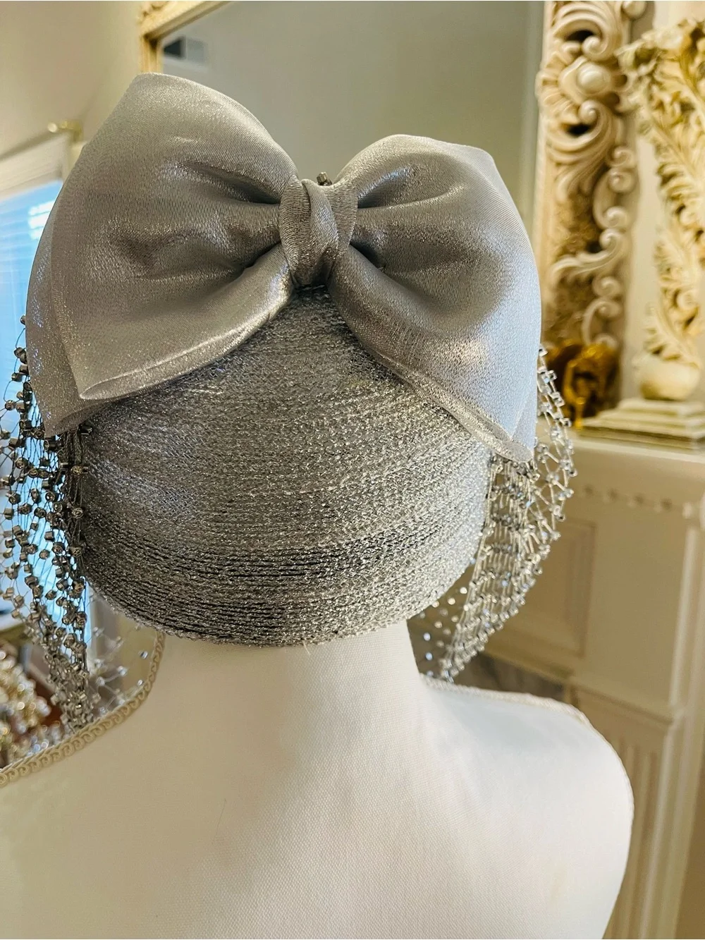 Silver Beaded Veil Fascinator Hat - Picture 6 of 13